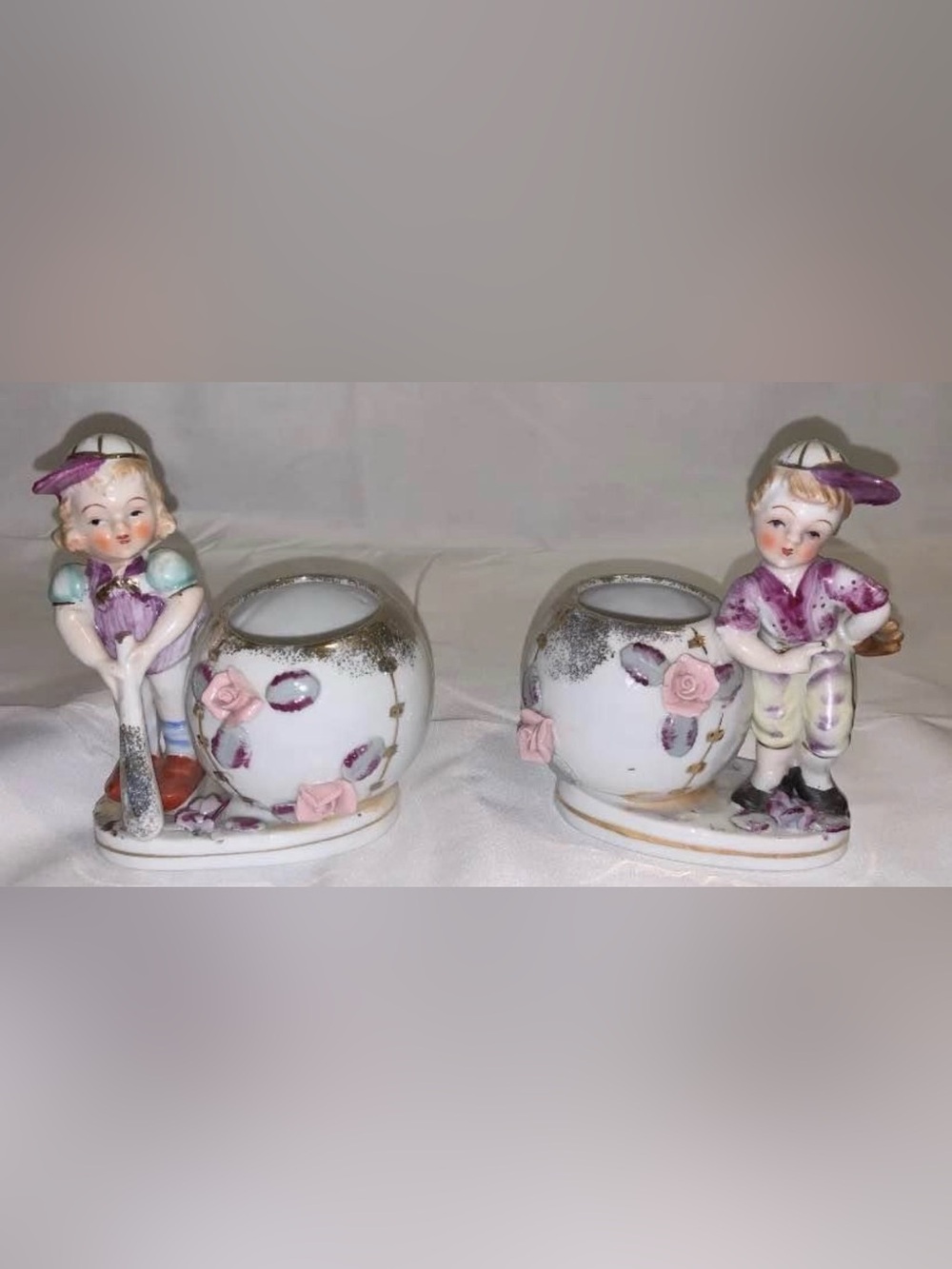 Porcelain Boy & Girl Floral Toothpick Holders - White and Pink